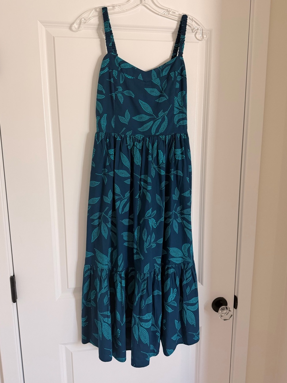 J. Crew Factory Teal Leaf Print Poplin Corset Smocked Back Midi Dress (Size 0)